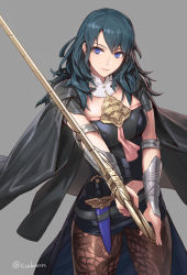 Rule 34 | 1girl, arm guards, armor, black cloak, black shorts, blue eyes, blue hair, breasts, brown pantyhose, byleth (female) (fire emblem), byleth (fire emblem), cape, cloak, closed mouth, cowboy shot, cuboon, dagger, fire emblem, fire emblem: three houses, grey background, holding, holding sword, holding weapon, knife, long hair, medium breasts, navel, nintendo, pantyhose, pantyhose under shorts, short shorts, shorts, simple background, solo, sword, twitter username, uniform, weapon