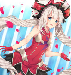 Rule 34 | blouse, blue eyes, blush, cowboy shot, dress, fate/grand order, fate (series), gloves, grey hair, hat, long hair, miniskirt, red shirt, rider (marie antoinette), shirt, skirt, sleeveless, sleeveless shirt, smile, solo, standing, twintails, very long hair