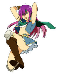 Rule 34 | 1girl, :o, adapted costume, arms up, blue jacket, boots, breasts, brown footwear, cropped jacket, faris scherwiz, final fantasy, final fantasy v, full body, green eyes, hair between eyes, headband, highres, jacket, knee pads, long hair, midriff, miniskirt, open clothes, open jacket, overskirt, purple hair, regain, reverse trap, simple background, skirt, small breasts, solo, straight hair, strapless, tube top, v-shaped eyebrows, white background, white skirt