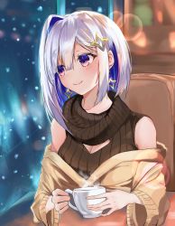 Rule 34 | 1girl, amane kanata, blue hair, bob cut, casual, cleavage cutout, clothing cutout, coffee cup, cup, disposable cup, earrings, elphe, highres, hololive, jewelry, multicolored hair, off-shoulder sweater, off shoulder, purple eyes, ribbed sweater, short hair, silver hair, single hair intake, sleeveless, sleeveless turtleneck, smile, solo, streaked hair, sweater, turtleneck, upper body, virtual youtuber