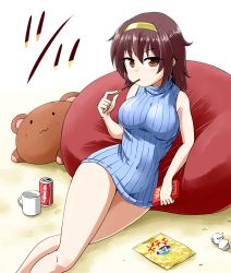 Rule 34 | 1girl, :3, bare arms, bare legs, bare shoulders, breasts, brown eyes, brown hair, can, coffee mug, cola, cup, dress, drink can, eating, female focus, food, hairband, kousei (public planet), large breasts, looking at viewer, mug, original, pillow, pocky, pocky day, ribbed sweater, sitting, sleeveless, sleeveless dress, sleeveless turtleneck, soda can, solo, stuffed animal, stuffed toy, sweater, sweater dress, teddy bear, turtleneck