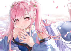 Rule 34 | 1girl, absurdres, angel, arm tattoo, ass, breasts, commission, falling petals, feathered wings, feet, floral print, flower, flower tattoo, hair flower, hair ornament, highres, indie virtual youtuber, interlocked fingers, japanese clothes, kimono, long hair, medium breasts, petals, pink eyes, pink flower, pink hair, pink nails, piyokuma, purple kimono, skeb commission, solo, tattoo, twintails, virtual youtuber, white wings, wings, zen tenshi
