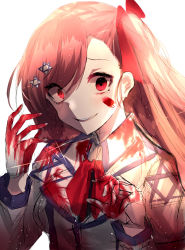 Rule 34 | 1girl, absurdres, bad id, bad pixiv id, blazer, blood, blood on face, blood on clothes, blood on hands, blush, bow, braid, breasts, collared shirt, crazy eyes, evil smile, girls&#039; frontline, gloves, glowing, glowing eyes, hair ornament, hairclip, hands up, hexagram, highres, jacket, long hair, long sleeves, looking at viewer, military, military uniform, negev (girls&#039; frontline), one side up, open mouth, pink hair, red bow, red eyes, shaded face, shirt, single braid, smile, solo, star of david, uniform, very long hair, white background, white gloves, yanggang