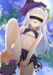 Rule 34 | 1girl, barefoot, bikini, bikini skirt, black blindfold, black hairband, blindfold, blue sky, blunt bangs, blush, breasts, cameltoe, cloud, cloudy sky, covered eyes, day, feet, foot out of frame, foot up, foreshortening, from below, hair bun, hairband, hat, highres, hololive, knee up, legs, lens flare, long hair, murasaki shion, murasaki shion (hololive summer 2019), navel, official alternate costume, open mouth, outdoors, purple bikini, shadow, shiokko (murasaki shion), side-tie bikini bottom, sidelocks, single side bun, sky, small breasts, soles, solo, standing, stepped on, stomach, surgate matias, swimsuit, thighs, tilted headwear, toes, underboob, virtual youtuber, wet, witch hat