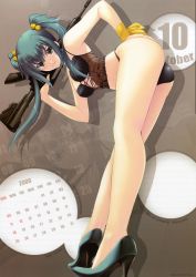 Rule 34 | 00s, 1girl, 2009, absurdres, ass, assault rifle, bell, blue hair, bustier, calendar, cui yifei, green hair, gun, hair bell, hair ornament, high heels, highres, lace, leaning forward, legs, lingerie, long hair, long legs, m4 carbine, miyata sou, muv-luv, muv-luv alternative, muv-luv total eclipse, october, panties, rifle, shoes, smile, solo, total eclipse, twintails, underwear, weapon, zoom layer