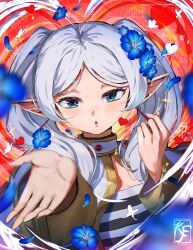 Rule 34 | 1girl, absurdres, artist logo, artist name, black shirt, blue eyes, blue flower, capelet, earrings, elf, eyelashes, falling petals, flower, frieren, frieren blowing a kiss (meme), gold trim, grey hair, hair flower, hair ornament, heart, highres, jewelry, knightfang, meme, parted bangs, parted lips, petals, pointy ears, shirt, solo, sousou no frieren, striped clothes, striped shirt, twintails, twitter username, upper body, white capelet, white shirt