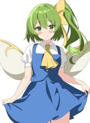 Rule 34 | 1girl, ascot, blue skirt, blue vest, closed mouth, collared shirt, commentary request, daiyousei, fairy wings, green eyes, highres, looking at viewer, medium hair, partial commentary, setsugetsuka436, shirt, short sleeves, side ponytail, simple background, skirt, solo, touhou, vest, white background, white shirt, wings, yellow ascot