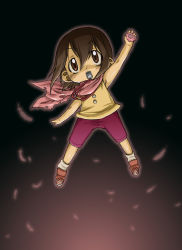 Rule 34 | 1girl, arm up, armpits, bad id, bad pixiv id, blush, brown eyes, brown hair, child, digimon, digimon adventure, digivice, feathers, harukaze unipo, mouth hold, orange eyes, scarf, shirt, shoes, short hair, shorts, sleeveless, sleeveless shirt, sneakers, socks, solo, torn clothes, unipo, whistle, yagami hikari