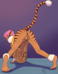 Rule 34 | 1girl, absurdres, all fours, animal ears, breasts, from behind, furry, highres, merle (tenkuu no escaflowne), nipples, pink eyes, pink hair, pussy, sacrificabominat, short hair, tail, tenkuu no escaflowne, tiger girl, tiger stripes, tiger tail