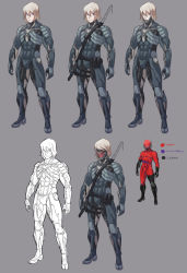 Rule 34 | 1boy, alternate universe, chuunioniika, commentary, cyborg, highres, male focus, metal gear (series), metal gear rising: revengeance, metal gear solid 2: sons of liberty, metal gear solid 4: guns of the patriots, over shoulder, power suit, raiden (metal gear), sneaking suit, solo, sword, sword over shoulder, visor, weapon, weapon over shoulder, white hair