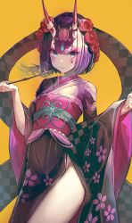 Rule 34 | 1girl, blue eyes, bob cut, closed mouth, fate/grand order, fate (series), flower, hair flower, hair ornament, highres, holding, holding smoking pipe, horns, japanese clothes, kimono, kiseru, long sleeves, looking at viewer, merryj, obi, oni, purple hair, red flower, red rose, rose, sash, short hair, shuten douji (fate), shuten douji (lostroom outfit) (fate), simple background, skin-covered horns, smoking pipe, solo, thighs, wide sleeves, yellow background