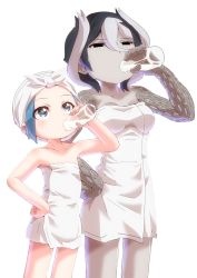 Rule 34 | 1boy, 1girl, black hair, blue eyes, blue hair, bottle, breasts, child, collarbone, colored skin, drinking, extra eyes, grey hair, grey skin, hair between eyes, half-closed eyes, hand on own hip, hand up, highres, holding, holding bottle, looking away, looking up, made in abyss, maruruk, milk bottle, multicolored hair, naked towel, ozen, pinky out, short hair, side-by-side, simple background, standing, symmetrical pose, towel, towel on head, trypophobia, two-tone hair, white background, ximu shilang