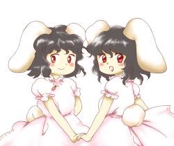 Rule 34 | 2girls, :d, animal ears, black hair, blush, clone, closed mouth, dress, flat chest, floppy ears, hair between eyes, holding hands, inaba tewi, interlocked fingers, multiple girls, nonamejd, official style, open mouth, pink dress, puffy short sleeves, puffy sleeves, rabbit ears, rabbit girl, rabbit tail, red eyes, short hair, short sleeves, simple background, smile, tail, teeth, touhou, upper teeth only, white background, white tail, zun (style)