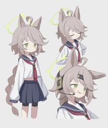 Rule 34 | 1girl, absurdres, ahoge, animal ears, atat250, bike shorts, bike shorts under skirt, blue archive, blue skirt, blush, braid, closed eyes, closed mouth, cropped legs, cropped torso, fox ears, green eyes, grey background, halo, headband, headphones, headset, highres, long hair, long sleeves, multiple views, neckerchief, open mouth, otogi (blue archive), pleated skirt, red neckerchief, sailor collar, school uniform, serafuku, simple background, skirt, sleeves past fingers, sleeves past wrists, very long hair