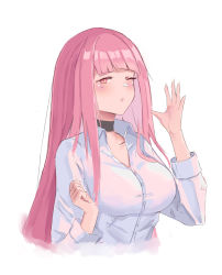 Rule 34 | 1girl, absurdres, blunt bangs, breasts, choker, closed mouth, collarbone, collared shirt, highres, hololive, hololive english, large breasts, long hair, long sleeves, looking at viewer, mori calliope, one eye closed, pink eyes, pink hair, shirt, skykappa, solo, upper body, virtual youtuber, white shirt