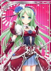 Rule 34 | 1girl, akkijin, aqua eyes, armor, blonde hair, blue flower, blue rose, card, cowboy shot, dress, floral print, flower, green hair, hair flower, hair ornament, holding, holding sword, holding weapon, knight, long hair, looking at viewer, red dress, rose, rose print, shinkai no valkyrie, smile, solo, sparkle, sword, very long hair, weapon