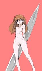 Rule 34 | 1girl, blue eyes, breasts, completely nude, double-blade, female focus, female pubic hair, fever-san, hair ornament, navel, neon genesis evangelion, nipples, nude, pink background, pubic hair, simple background, small breasts, solo, souryuu asuka langley, standing, uncensored, weapon