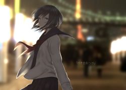 Rule 34 | 1girl, backlighting, bad id, bad pixiv id, black hair, black serafuku, blue eyes, blurry, blurry background, closed mouth, cowboy shot, crowd, depth of field, from side, highres, jacket, long sleeves, looking at viewer, looking to the side, neckerchief, night, open clothes, open jacket, original, outdoors, red neckerchief, saitou (lynx-shrike), school uniform, serafuku, short hair, smile, solo focus, standing, tareme, translation request, white jacket