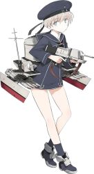 Rule 34 | 1girl, ankle boots, bare legs, blue eyes, blue socks, boots, character name, clothes writing, dress, full body, grey hair, gun, hat, holding, holding gun, holding weapon, kantai collection, looking at viewer, microdress, official art, sailor collar, sailor dress, sailor hat, shimada fumikane, short hair, socks, standing, torpedo launcher, transparent background, trigger discipline, turret, weapon, z1 leberecht maass (kancolle)