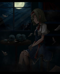 Rule 34 | 1girl, alice margatroid, blonde hair, blue eyes, capelet, crying, doll, doll joints, dress, full moon, highres, joints, moon, night, night sky, reflection, short hair, sitting, skull, sky, solo, starsyi, tears, touhou, window