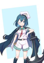 Rule 34 | 1girl, ;), anchor, anchor print, black coat, black footwear, black hair, blue background, closed mouth, coat, commentary, gloves, green eyes, green sailor collar, hat, highres, hishaku, kalmia495, looking at viewer, murasa minamitsu, necktie, one eye closed, red necktie, sailor collar, sailor hat, shirt, short hair, short sleeves, shorts, simple background, smile, solo, sunken fossil world, touhou, white gloves, white hat, white shirt, white shorts