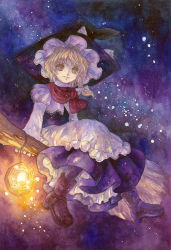 Rule 34 | 1girl, blonde hair, boots, bow, hat, hat bow, kirisame marisa, milky way, mini-hakkero, perfect cherry blossom, scarf, shiroma (mamiko), solo, star (sky), touhou, witch hat, yellow eyes