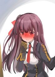 Rule 34 | 1girl, black jacket, blush, bow, closed mouth, collared shirt, commentary request, flustered, full-face blush, girls&#039; frontline, gloves, hair bow, hand up, jacket, long hair, looking at viewer, necktie, one side up, purple hair, red bow, red eyes, red necktie, rei (rei&#039;s room), shirt, sketch, solo, sweatdrop, wa2000 (girls&#039; frontline), white shirt, wing collar