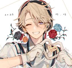 Rule 34 | 1boy, black flower, blue flower, dated, earrings, ensemble stars!, flower, gloves, grin, hat, heart, heart hands, jewelry, looking at viewer, male focus, narukami arashi, one side up, parted bangs, red flower, sapphire (nine), smile, solo, white gloves, yellow flower