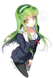 Rule 34 | 1girl, ?, black pantyhose, c.c., code geass, cosplay, creayus, green hair, twirling hair, headband, kasumigaoka utaha, kasumigaoka utaha (cosplay), long hair, looking at viewer, miniskirt, pantyhose, playing with own hair, saenai heroine no sodatekata, school uniform, simple background, skirt, solo, trait connection, twitter username, white background, yellow eyes