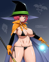 Rule 34 | 1girl, bikini, breasts, cape, cleavage, dragon quest, dragon quest iii, dracky, elbow gloves, covered erect nipples, gloves, halloween, hat, huge breasts, mage (dq3), onomeshin, original, red eyes, red hair, short hair, solo, swimsuit, wand, witch, witch hat
