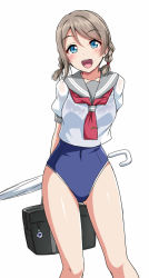Rule 34 | 10s, 1girl, :d, alternate hairstyle, arms behind back, bag, blue eyes, blush, braid, commentary request, covered navel, looking at viewer, love live!, love live! sunshine!!, neckerchief, no pants, one-piece swimsuit, open mouth, red neckerchief, school bag, school swimsuit, school uniform, serafuku, shirt, short sleeves, simple background, smile, solo, swimsuit, swimsuit under clothes, tie clip, twin braids, umbrella, watanabe you, wet, wet clothes, wet shirt, white background, yopparai oni