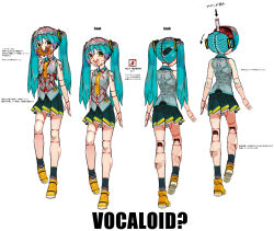 Rule 34 | 1girl, absurdres, aqua hair, arrow (symbol), asgr, barcode, bare shoulders, bifurcated jaw, black skirt, black socks, blood, blood drip, bright pupils, closed mouth, commentary request, copyright name, detached collar, dripping, exhaust, grey shirt, hatsune miku, highres, joints, lace, lace-trimmed skirt, lace trim, long hair, looking at viewer, multiple views, necktie, open mouth, open skull, pleated skirt, robot joints, seams, shirt, shoe soles, shoes, simple background, skirt, sleeveless, sleeveless shirt, socks, standing, standing on one leg, tie clip, translation request, turnaround, twintails, vocaloid, white background, white pupils, yellow eyes, yellow footwear, yellow necktie, yellow trim