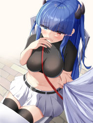Rule 34 | 1girl, azur lane, between breasts, black shirt, black thighhighs, blue eyes, blue hair, blunt bangs, blush, breasts, brick floor, casual, character name, commentary, covering own mouth, cowboy shot, crop top, firin, glowing, glowing eyes, hand up, heterochromia, highres, horns, ibuki (azur lane), impossible clothes, impossible shirt, large breasts, long hair, looking away, midriff, navel, pleated skirt, red eyes, shadow, shirt, shirt tug, short sleeves, sidelocks, simple background, skirt, solo focus, standing, strap between breasts, t-shirt, table, thighhighs, white background, white shirt, zettai ryouiki