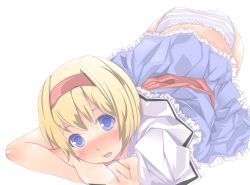 Rule 34 | 1girl, alice margatroid, bad id, bad pixiv id, blonde hair, blue eyes, blush, female focus, hairband, kazuha nanako, nanako (artist), open mouth, panties, perfect cherry blossom, short hair, simple background, solo, striped clothes, striped panties, touhou, underwear