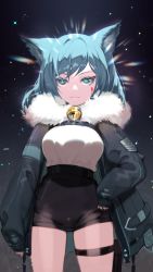 Rule 34 | + +, 1girl, animal ears, bad id, bad pixiv id, bell, blood, blood on face, blue eyes, blue hair, fox ears, fox girl, fur collar, hand on own hip, highres, hoshi usagi, jacket, long hair, looking at viewer, open clothes, open jacket, original, shorts, sleeves past wrists, smile, solo, standing, star (symbol), starry background, thigh strap