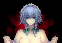 Rule 34 | 1girl, bad id, bad pixiv id, blood, blue eyes, bow, braid, cuts, female focus, hair bow, harano, injury, izayoi sakuya, off shoulder, out-of-frame censoring, scar, silver hair, solo, touhou, twin braids, undressing