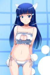 Rule 34 | 10s, 1girl, 3:, animal ears, animal hands, aoki reika, bare shoulders, blue eyes, blue hair, blush, bra, breasts, c-wing, cat cutout, cat ear panties, cat ears, cat lingerie, cleavage cutout, clothing cutout, collarbone, frilled bra, frills, gloves, hair ornament, hairclip, long hair, matching hair/eyes, meme attire, navel, panties, paw gloves, precure, side-tie panties, small breasts, smile precure!, solo, standing, underwear, underwear only, white bra, white panties