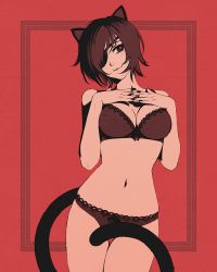 Rule 34 | 1girl, animal ears, black bra, black eyes, black hair, black panties, bow, bow bra, bow panties, bra, breasts, cat ears, cat girl, cat tail, character request, cleavage, commentary, copyright request, eyepatch, lingerie, medium breasts, moshimoshibe, navel, panties, red background, short hair, solo, tail, underwear, underwear only