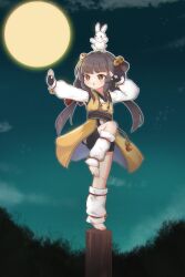 Rule 34 | 1girl, absurdres, animal, animal on head, barefoot, black hair, blue sky, brown eyes, chinese clothes, chinese commentary, cloud, commentary request, fighting stance, full body, full moon, highres, kuma-bound, long hair, moon, night, night sky, on head, open mouth, original, outdoors, rabbit, sky, standing, standing on one leg, toes, white fur, yellow moon