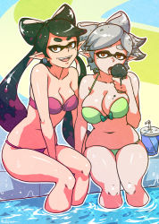 Rule 34 | 2girls, :d, akairiot, artist name, bandeau, bikini, black hair, bow, breasts, callie (splatoon), cleavage, collarbone, cup, curvy, domino mask, drink, drinking straw, earrings, facial mark, fangs, food, grey hair, hair bow, highres, ice cream, ice cream cone, in water, inkling, jewelry, large breasts, licking, long hair, looking at viewer, marie (splatoon), mask, medium breasts, mole, mole under eye, multiple girls, navel, nintendo, open mouth, orange eyes, partially submerged, plump, pointy ears, pool, short hair, signature, simple background, sitting, slit pupils, smile, splatoon (series), splatoon 1, stomach, swimsuit, teeth, tentacle hair, thick thighs, thighs, twintails, water