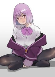 Rule 34 | 10s, 1girl, :d, glasses, gridman universe, highres, indian style, jacket, light purple hair, looking at viewer, no shoes, off shoulder, open mouth, pantyhose, purple jacket, school uniform, shinjou akane, shirt, short hair, sitting, smile, solo, ssss.gridman, white shirt, yomu (sgt epper)