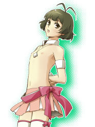 Rule 34 | 00s, 1boy, akizuki ryo, antenna hair, antennae, armband, arms behind back, bow, cross, cross necklace, crossdressing, cute &amp; girly (idolmaster), dorei k, flat chest, idolmaster, idolmaster dearly stars, jewelry, male focus, necklace, nipples, open mouth, topless male, skirt, solo, thighhighs, trap, zettai ryouiki