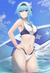 Rule 34 | 1girl, bare arms, bare shoulders, bikini, black hairband, blue hair, blue sky, blush, bracelet, breasts, cleavage, cloud, commentary request, cowboy shot, crop top, day, eula (genshin impact), genshin impact, hair between eyes, hair ornament, hairband, hand on own hip, highres, holding, holding surfboard, jewelry, kyogree, large breasts, long hair, looking at viewer, navel, parted lips, sky, solo, standing, stomach, surfboard, swimsuit, thick thighs, thighs, wading, water, yellow eyes