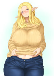 Rule 34 | 1girl, blonde hair, blush, breasts, clothes lift, elf, large breasts, lifting own clothes, long hair, long pointy ears, looking at viewer, mature female, navel, nenbuta, original, pants, pointy ears, ribbed sweater, simple background, solo, sweater, sweater lift