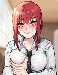 Rule 34 | 1girl, 1other, artist name, black necktie, blurry, blurry background, blush, blushyspicy, breasts, chainsaw man, collarbone, collared shirt, grabbing, grabbing another&#039;s breast, grabbing another's breast, guided breast grab, guiding hand, highres, large breasts, long sleeves, makima (chainsaw man), medium hair, necktie, red hair, shirt, sidelocks, solo focus, sweat, upper body, white shirt