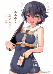 Rule 34 | 1girl, asymmetrical hair, black hair, black one-piece swimsuit, blush, bottle, brown eyes, cellphone, hair between eyes, heart, holding, holding bottle, holding phone, i-14 (kancolle), kantai collection, navel, one-piece swimsuit, open mouth, phone, sailor collar, sailor shirt, shirt, short hair, simple background, sleeveless, sleeveless shirt, smartphone, smile, solo, squeans, swimsuit, takase muh, translation request, twitter username, white background, white sailor collar, white shirt