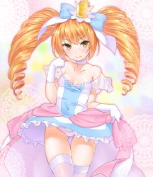 Rule 34 | 1girl, 3:, arisa (pop&#039;n music), bare shoulders, blush, bow, breasts, choker, cleavage, clenched hand, covered navel, crown, curtsey, dress, drill hair, embarrassed, frilled dress, frills, gloves, hair bow, lace, lace-trimmed legwear, lace trim, long hair, looking at viewer, off shoulder, orange hair, panties, pantyshot, pop&#039;n music, rainbow background, short sleeves, shouni (sato3), small breasts, solo, standing, thigh gap, thighhighs, twin drills, twintails, underwear, white gloves, white panties, white thighhighs, yellow eyes