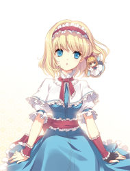 Rule 34 | 1girl, :p, alice margatroid, bad id, bad pixiv id, blonde hair, bloom, blue eyes, capelet, detached collar, doll, embellished costume, female focus, fingerless gloves, frills, gloves, hairband, shanghai doll, shirahane nao, short hair, single glove, sitting, solo, tongue, tongue out, touhou, wrist cuffs