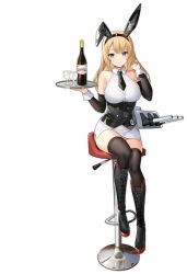 Rule 34 | 1girl, alcohol, animal ears, astoria (azur lane), astoria (black bunny carnival) (azur lane), azur lane, bare shoulders, black bow, black corset, black footwear, black necktie, black thighhighs, blonde hair, blue eyes, boots, bottle, bow, breasts, buttons, corset, cross-laced footwear, detached sleeves, double-breasted, fake animal ears, highres, holding, holding tray, knee boots, lace-up boots, large breasts, looking at viewer, manjuu (azur lane), miniskirt, necktie, official alternate costume, official art, rabbit ears, shirt, sitting, skirt, solo, thighhighs, transparent background, tray, vilor, white shirt, white skirt, wine bottle, zettai ryouiki