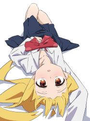 Rule 34 | 1girl, :o, absurdres, ahoge, blonde hair, blue skirt, bocchi the rock!, bow, bowtie, brown eyes, clenched hand, collarbone, forehead, full body, highres, ijichi nijika, knees up, long hair, long sleeves, looking at viewer, loose bowtie, lying, oekakiism, on back, pleated skirt, red bow, red bowtie, red ribbon, ribbon, school uniform, shirt, side ponytail, sidelocks, simple background, skirt, solo, upside-down, white background, white shirt, wing collar